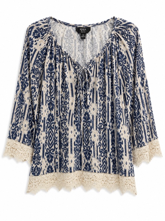 Style & Co. Tops - Style & Co Blue Ikat Crochet Trim Peasant Top XXL